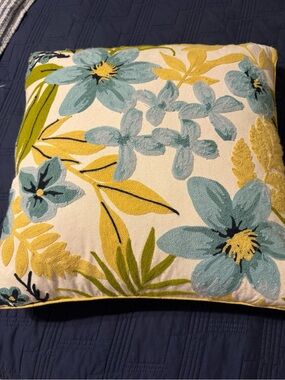Floral Embroidered Accent Pillow in Teal, Yellow, Cream - Home Accents